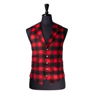 Mens 42R Wool Vest Buffalo Check Red Black Plaid Waistcoat Formal Wedding Party